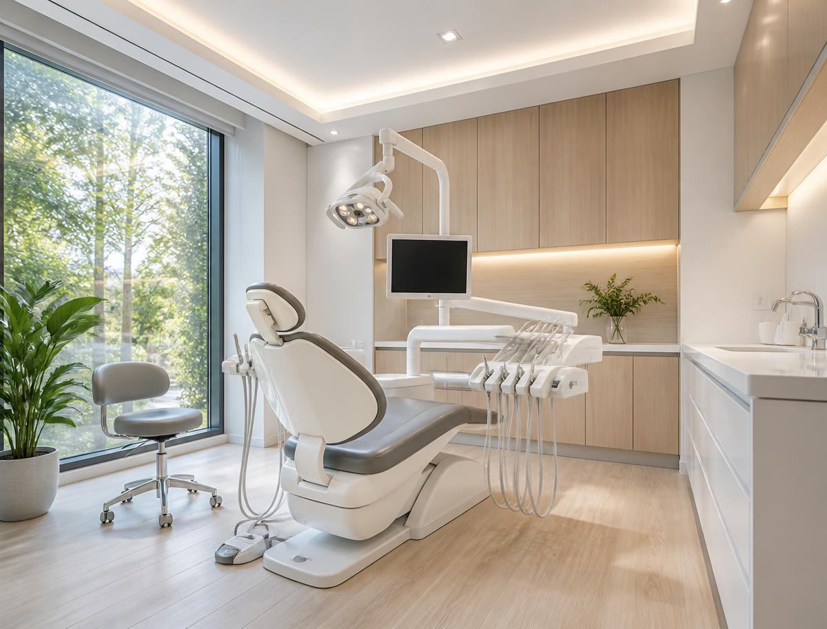 Consultório odontológico com cadeira, equipamento e ampla janela com luz natural