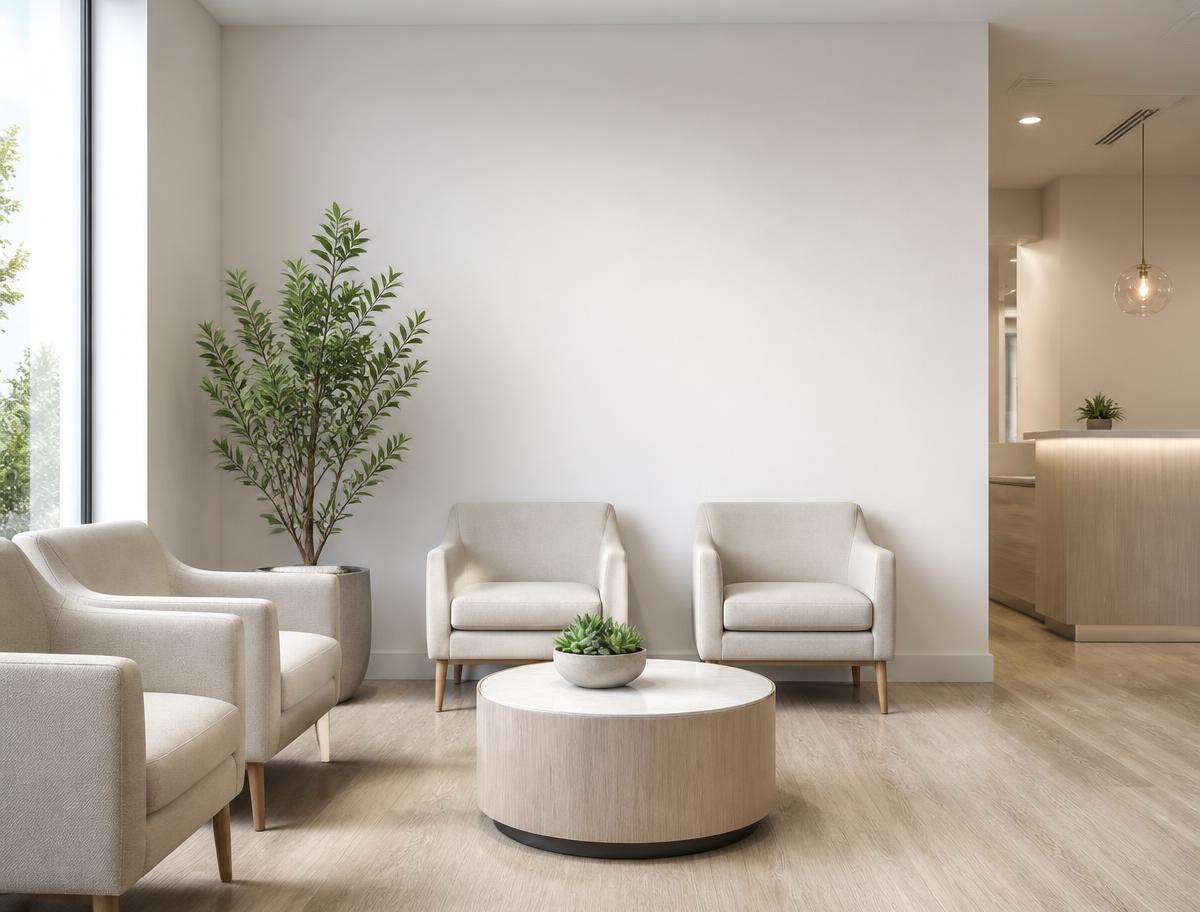 Sala de espera com poltronas claras, mesa de centro redonda e planta ao lado da janela