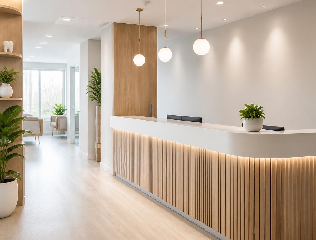 Recepção de clínica odontológica com balcão claro em madeira, iluminação suave e plantas